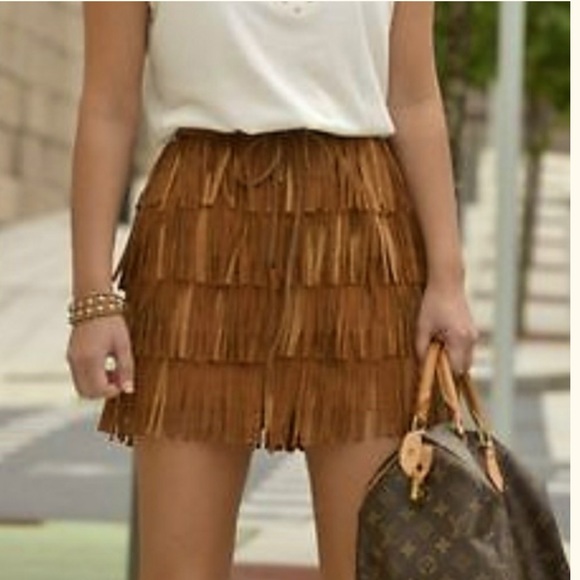 Zara Dresses & Skirts - ZARA Leather Skirt Fringe Festival Size Small Brown